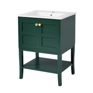 English Elm 24'' Retro Green Bathroom Vanity with Glossy Resin Basin, Solid Wood Feet, Soft-Close Doors, Ample Storage, Metal Handles (Modern) WF324870AAF