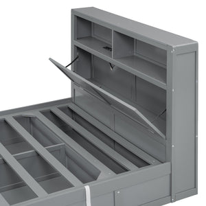 English Elm Wood Full Size Hydraulic Platform Bed with LED Headboard, Charging Station, Hidden Storage Drawers and Shelves Gray GX000371AAE