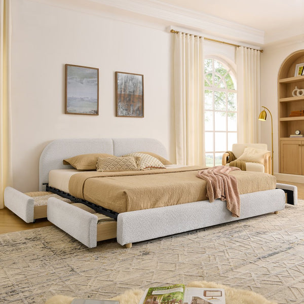 English Elm King Upholstered Storage Bed Curved Headboard Circle Yarn Fabric Modern Minimalist Frame Beige W487S00473