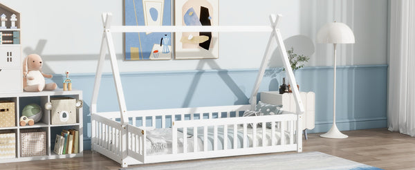 English Elm Twin Teepee Floor Bed With Guardrails - Whimsical White Design For Cozy Child'S Room Decor W504P345781-GIGA
