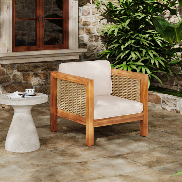 English Elm Acacia Wood Outdoor Lounge Chair with Wicker Arms Teak Finish Patio Seating N779P359686B