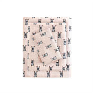 JLA Home True North by Sleep Philosophy - 100% Cotton Flannel Sheet Set Brushed for Extra Warmth with Classic Snowflake Print, Cozy Winter Bedding Pink French Bulldog TN20-0230