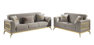 English Elm Antigua Glam Sofa and Loveseat Set with Gold Tone Accents for Modern Living Rooms Taupe+Gold B009S02172