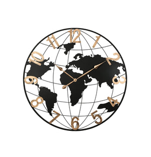 English Elm 36 Inch Large Black Metal Wall Clock - Modern Silent World Map Design With Vintage Gold Numerals W1445P249305