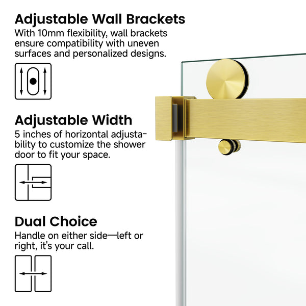 English Elm 60*72" Frameless Double Sliding Shower Door — 10mm SGCC Tempered Glass, Gold 304 Stainless, Leak-Free Nano Coating T3177P370635