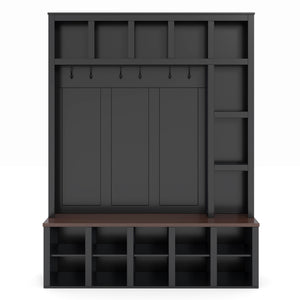 English Elm Farmhouse Hall Tree Walnut Bench Two-tone Entryway Organizer with Six Hooks Shoe Storage N721S000044B-1