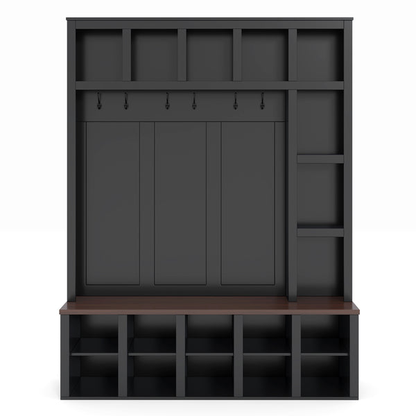 English Elm Farmhouse Hall Tree Walnut Bench Two-tone Entryway Organizer with Six Hooks Shoe Storage N721S000044B-1