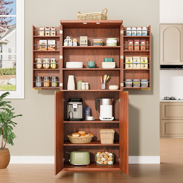 English Elm 72" Fluted Pantry Cabinet Tall Freestanding Kitchen Organizer with Sculpted Wood Doors Walnut W1820P379273
