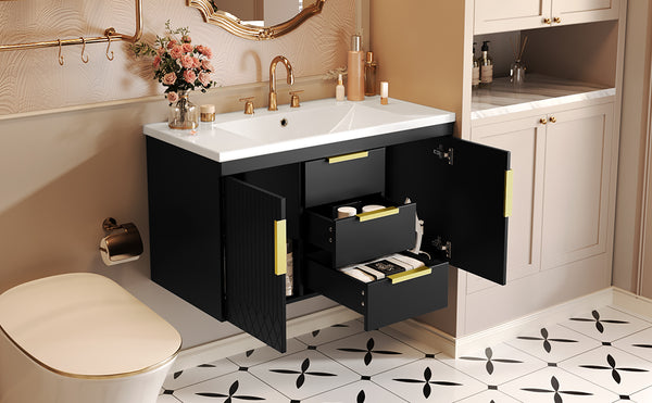 English Elm 36'' Wall Mounted Bathroom Vanity with Sink, Floating MDF Cabinet, 2 Drawers, Rust-Resistant Handles Black N710P253035B