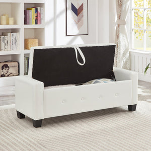 English Elm 48" Storage Ottoman Bench with Tufted Faux Leather Upholstery, Solid Wood Frame & 300lb Capacity Ivory White W1097P338779