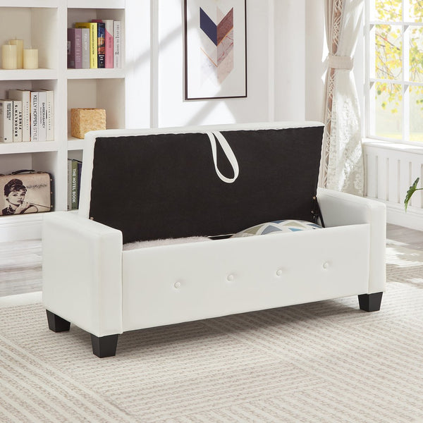 English Elm 48" Storage Ottoman Bench with Tufted Faux Leather Upholstery, Solid Wood Frame & 300lb Capacity Ivory White W1097P338779