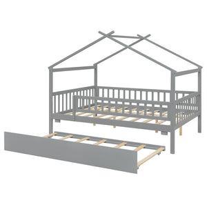 English Elm Full Size Pine House Bed with Roofline Frame and Roll Out Twin Trundle for Kids Gray LP100306AAE