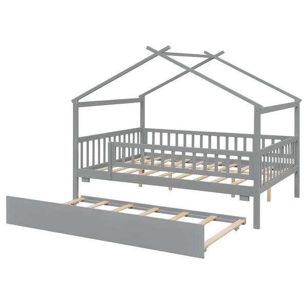 English Elm Full Size Pine House Bed with Roofline Frame and Roll Out Twin Trundle for Kids Gray LP100306AAE