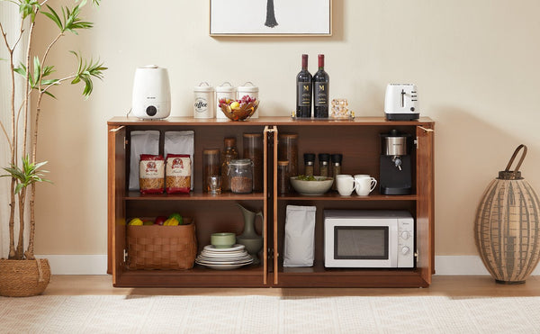 English Elm 63" Wave Front Sideboard with Four Door Storage for Living Room Hallway Bedroom Walnut W1820P431359