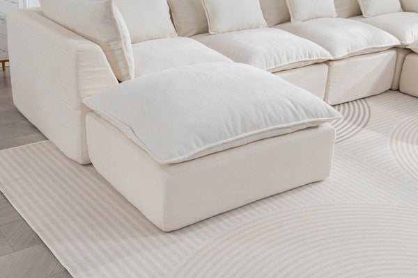 English Elm 129.8" Wide Modular Cloud Sectional Cotton Linen Sofa with Deep Foam Seats and Ottomans Antique White W2530S00016