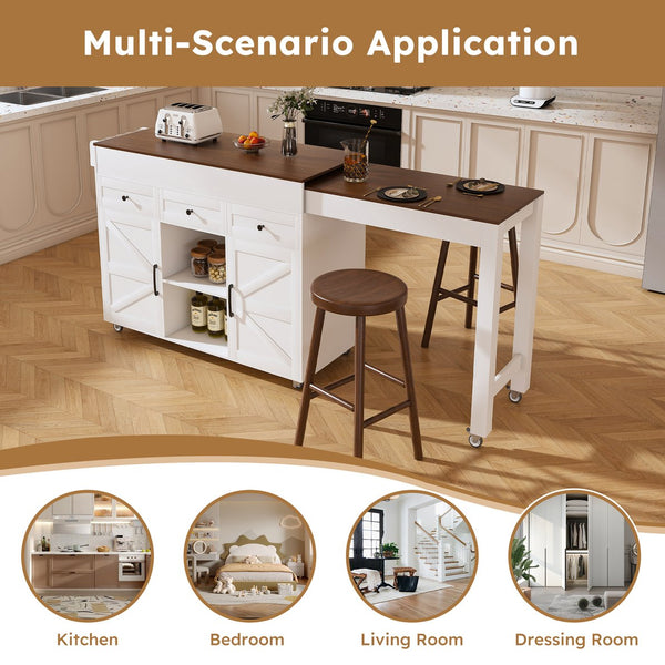 English Elm 74.8" Rolling Kitchen Island Extendable Marble Veneer Top with Power Outlet and Storage W2700S00105