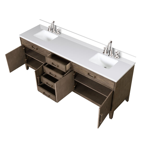 English Elm Laurel 84" Grey Oak Double Bath Vanity With White Quartz Top And Chrome Faucet Set For Modern Elegance B2731P259980