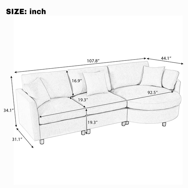 English Elm U_style Chenille Sectional Sofa with Curved Chaise Pine Frame and Three Accent Pillows Grey WY000461AAE