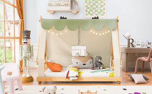 English Elm Twin Cabin Bed with Detachable Tent Skylight and Woodland Deer Antler Accents White N708P356716K