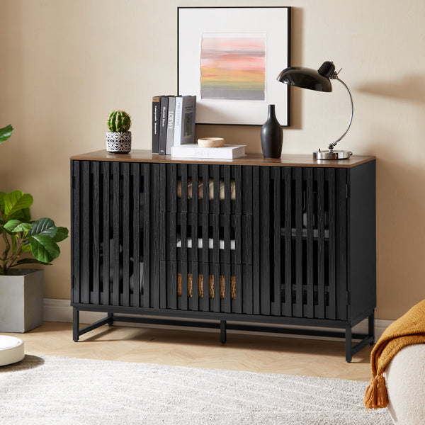 English Elm 3 Drawer Black Dresser with 4 Shelves and Slatted Grille Doors — Modern MDF Sideboard, Durable Metal Legs, Ample Storage for Bedroom & Living Room W578P193314