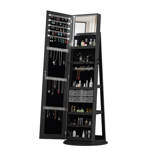 English Elm 360°swivel Jewelry Armoire with Lighted Interior Full Length Mirror Lockable White Black W3406P411299