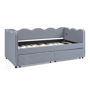 English Elm Twin Gingham Linen Daybed with Wave Silhouette Usb Port and Dual Storage Drawers Navy W1413S00144