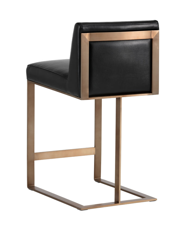 Sunpan Dean Bar Stool with Exposed Brass Frame and Luxurious Bonded Leather for Stylish Spaces Antique Brass / Cantina Black