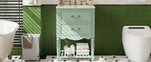English Elm 24'' Vintage Bathroom Vanity with Ceramic Sink Soft Close Drawers Open Shelf Green N710P411237F