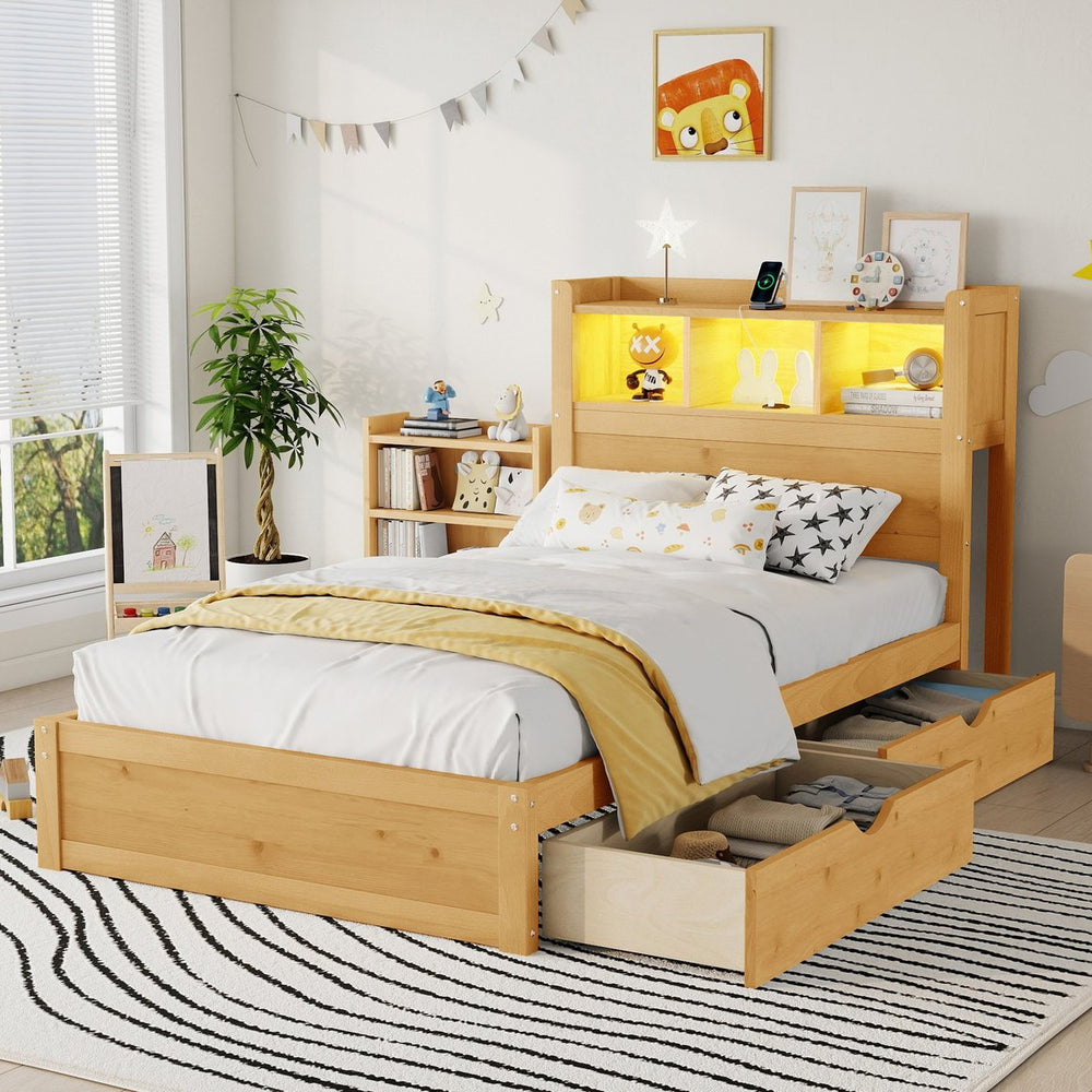 English Elm Twin Wood Storage Bed with Led Headboard Drawers and Pull Out Cabinet for Kids Natural W2593S00049