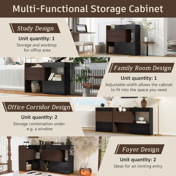 English Elm 32.5''-58.8''W Expandable Rotating Storage Cabinet with Drawer & Flip Doors, Modern Black Walnut Elegance N845P261744D