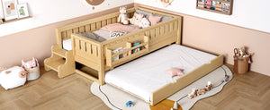 English Elm Twin Kids Platform Bed with Trundle Staircase Bookshelf and Rounded Safety Rails Light Natural W1580S00557