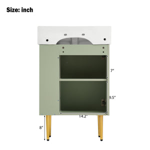 English Elm 21.6" Green Bathroom Vanity with Ceramic Sink, Right Side Storage, Gold Legs, Soft-Close Hinges, Modern Design SV000006AAF