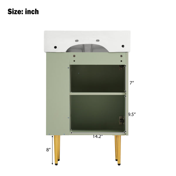 English Elm 21.6" Green Bathroom Vanity with Ceramic Sink, Right Side Storage, Gold Legs, Soft-Close Hinges, Modern Design SV000006AAF