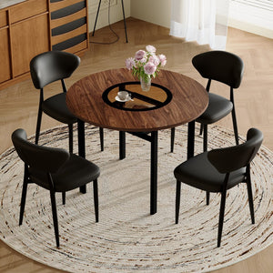 English Elm Table Set 42 Inch Round Wood Grain Mdf with Glass Inlay and 4 Ergonomic Chairs Brown+Black W1151S04500