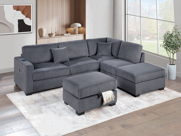English Elm Dark Gray Wide-Welt Corduroy Sectional Sofa 3pc L-Shaped Reversible Chaise w/ USB Storage Ottoman B011S01771