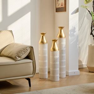 English Elm Floor White Metal Vases Set of 3 — Tall Glazed Cylinder Decor with Hammered Gold Trim, 24/28.7/33.5in W2796P193943