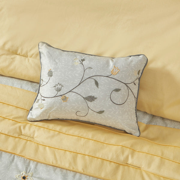 English Elm Embroidered 7-Piece Comforter Set - Luxurious Yellow & Grey King Bedding With Floral Elegance B03596981