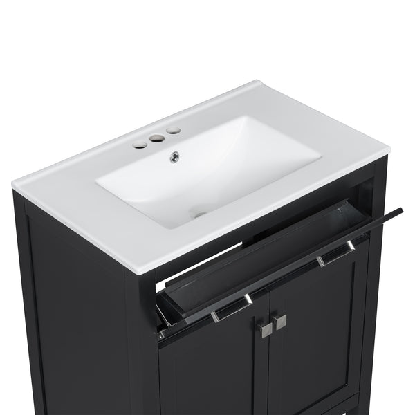 English Elm 30" Modern Bathroom Vanity with Ceramic Sink and Soft-Close Doors, Solid Wood MDF Build, Sleek Handles Black N729P263155B
