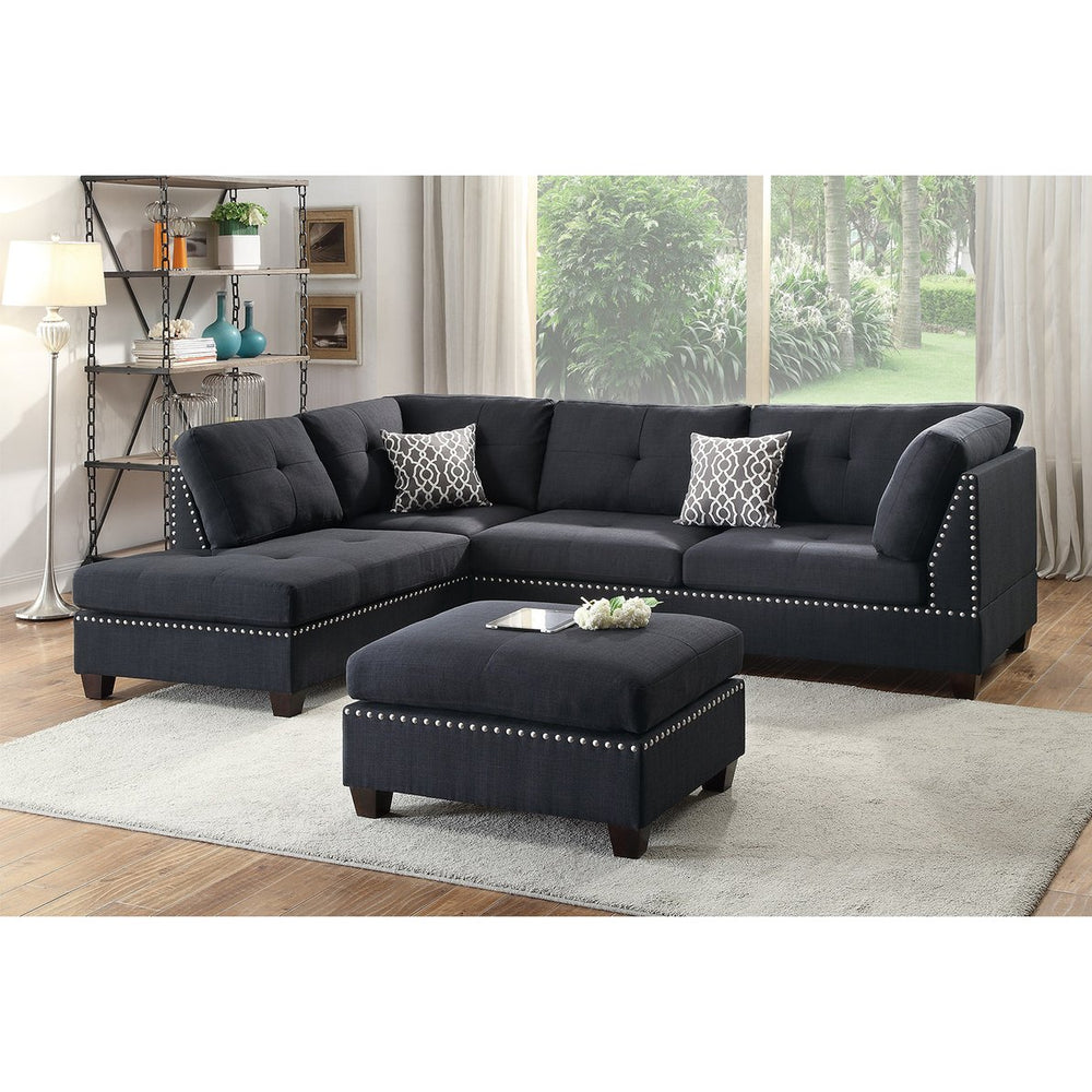 English Elm Reversible Sectional Sofa with Ottoman Nailhead Trim Linen Polyfiber Living Room B016S00006