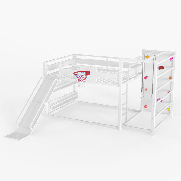 English Elm Twin Metal Loft Bed with Slide Basketball Hoop Climbing Wall and Built-in Shelves W1580S00634