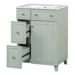 English Elm 24-Inch Bathroom Vanity Cabinet with Ceramic Sink, Space-Saving Storage, Solid Wood Feet, Durable Finish Green WF532034AAF
