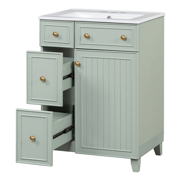 English Elm 24-Inch Bathroom Vanity Cabinet with Ceramic Sink, Space-Saving Storage, Solid Wood Feet, Durable Finish Green WF532034AAF