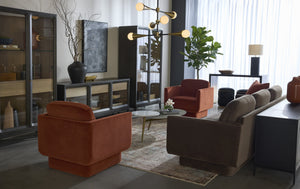 Sunpan Cecilia Sideboard - Elegant Mid-Century Design with Glass Doors, Smoke Grey Acacia & Brass Handles