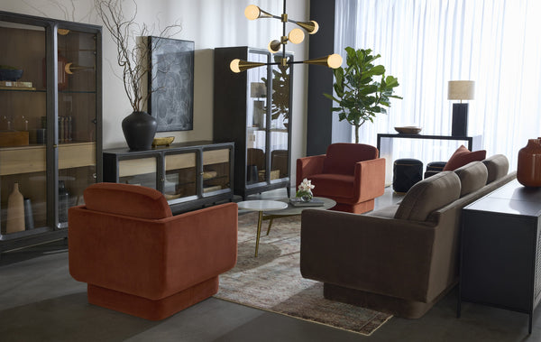 Sunpan Cecilia Sideboard - Elegant Mid-Century Design with Glass Doors, Smoke Grey Acacia & Brass Handles