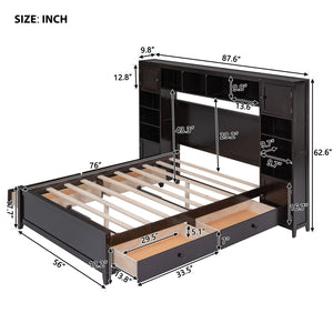 English Elm Full Platform Bed with Headboard Shelving Cabinets and Under Drawer Storage Unit Espresso LP000342AAP-1