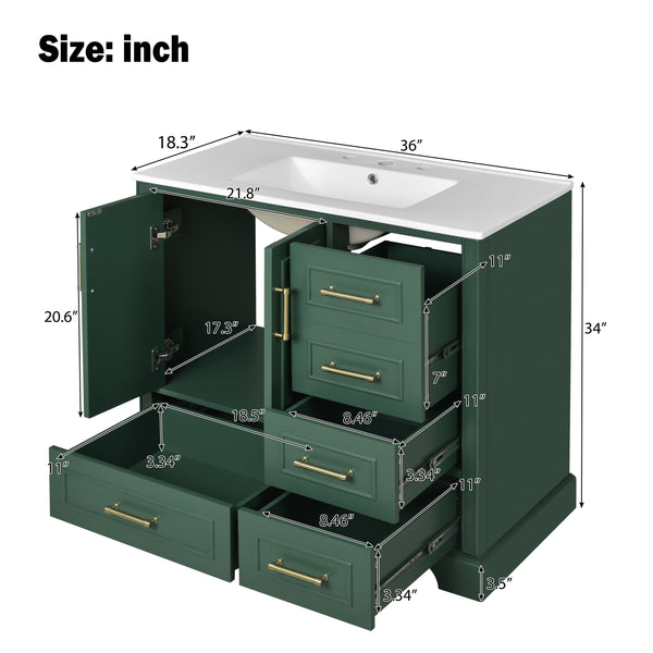 English Elm 36" Traditional Bathroom Vanity with Ceramic Sink, Solid Wood Cabinet, Soft-Close Doors & Drawers Green N729P251630F