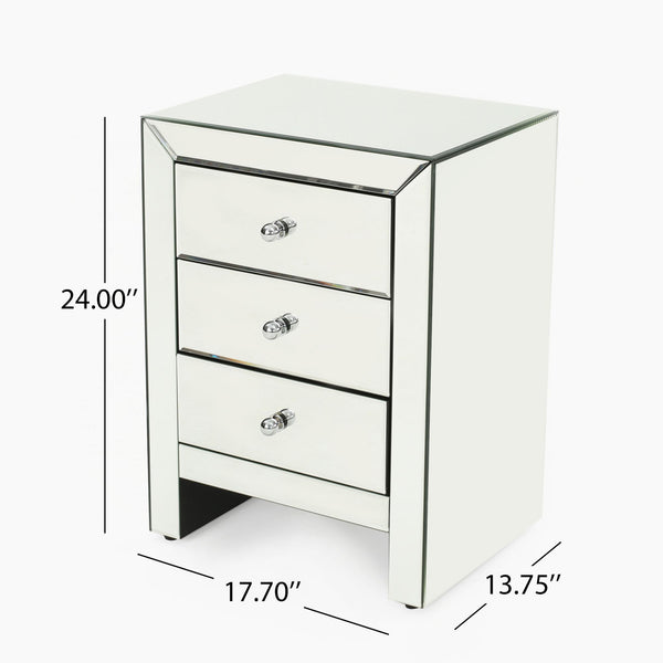 English Elm Christopher Knight Home® - 17.70'' Mirrored Nightstand - Silver Glass 3-Drawer Accent Table, Compact Glam Bedside Storage, Smooth Metal Glides 60982.00