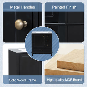 English Elm Christopher Knight Home® - 30" Freestanding Bathroom Vanity with Ceramic Sink, Soft-Close Door, Gold Knobs & 3 Drawers, Durable Painted Finish Black N759P225994B