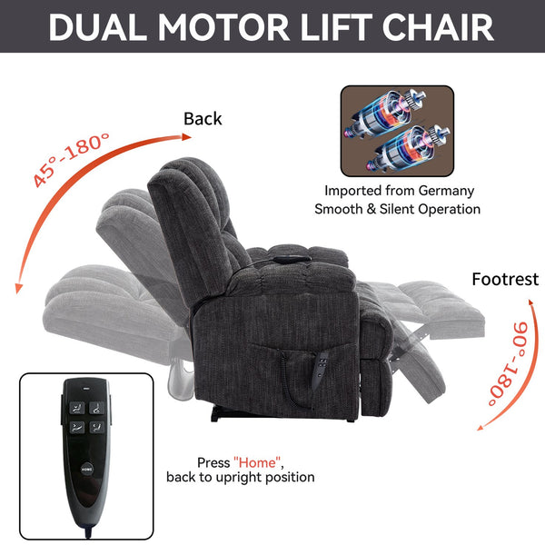 English Elm Dual Motor Power Lift Recliner Chenille Chair with Massage Heat and Infinite Positions Grey W3224P288492