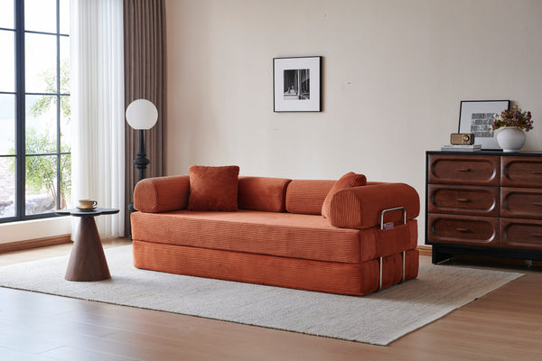 English Elm 78.8" Corduroy Modular Floor Sofa Convertible Sleeper Futon with Pillow Back Support Orange W5617P455986